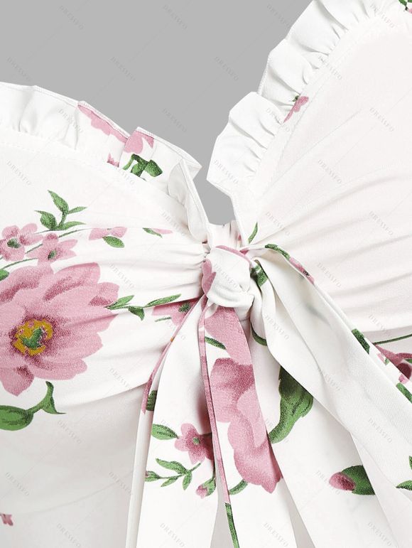 Mini Robe de Soirée d'Eté à Imprimé Fleurie à Volants avec Nœud Papillon de Vacances - Blanc XXL | US 14