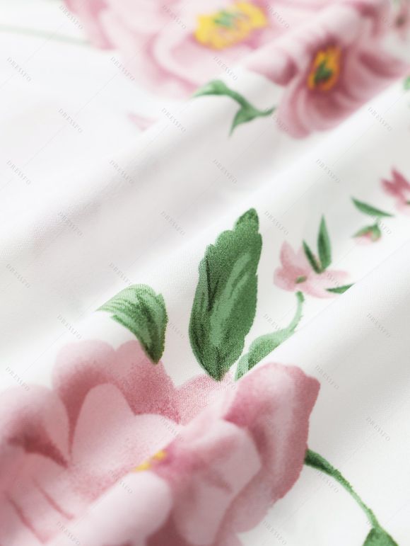 Mini Robe de Soirée d'Eté à Imprimé Fleurie à Volants avec Nœud Papillon de Vacances - Blanc XXL | US 14