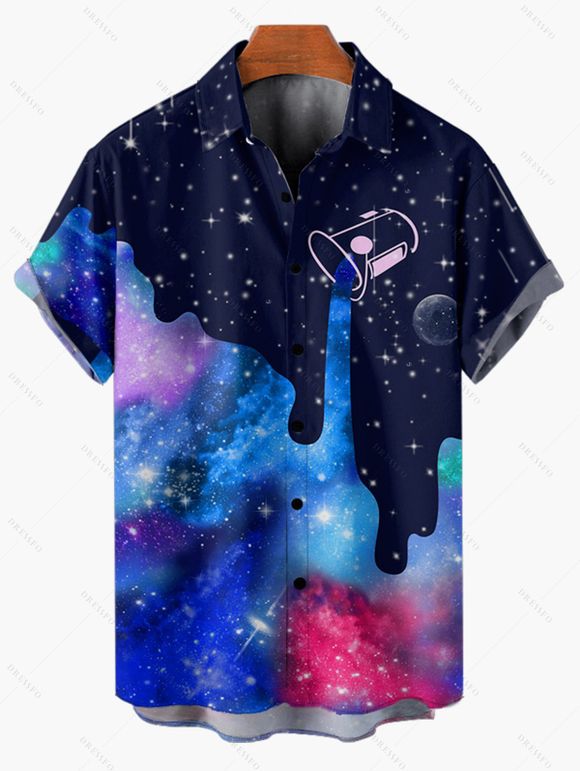 Galaxy Allover Print Button Up Short Sleeve Shirt - DEEP BLUE XL