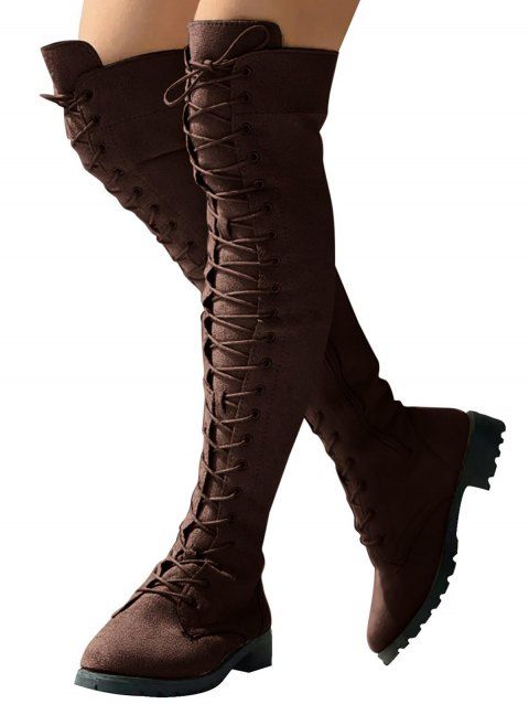 Solid Color Lace Up Over The Knee Boots