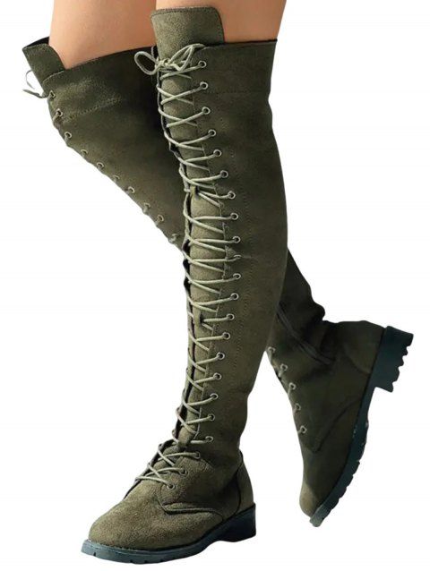 Solid Color Lace Up Over The Knee Boots