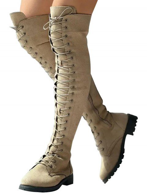 Solid Color Lace Up Over The Knee Boots