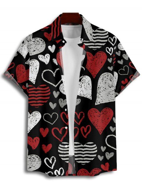 Chemise Rayée Cœur Imprimé Boutonnée Saint-Valentin à Manches Courtes