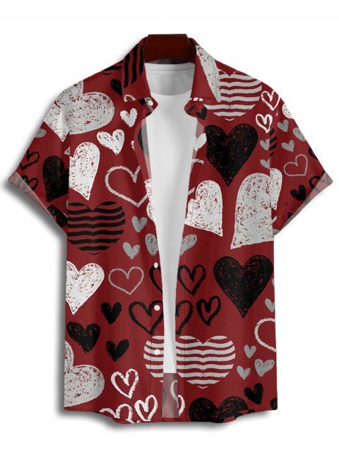 Chemise Rayée Cœur Imprimé Boutonnée Saint-Valentin à Manches Courtes