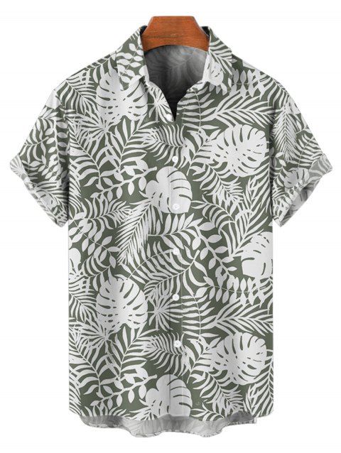 Chemise de Vacances Boutonnée Feuille Tropicale Imprimée Partout à Manches Courtes