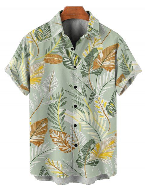 Chemise de Plage de Vacances Feuille Tropicale Imprimée Boutonnée Manches Courtes à Col Relevé