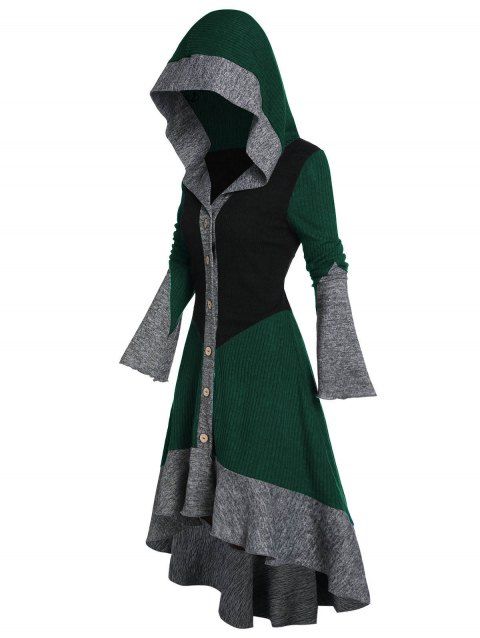 Colorblock High Low Hooded Knit Dress Button Up Flare Sleeve Flounce Hem Knitted Dress