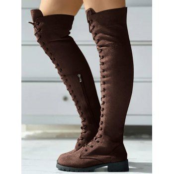 Solid Color Lace Up Over The Knee Boots 