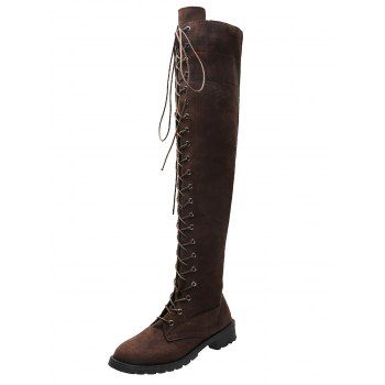 Solid Color Lace Up Over The Knee Boots 