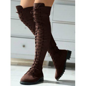 Solid Color Lace Up Over The Knee Boots 