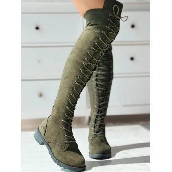 Solid Color Lace Up Over The Knee Boots 