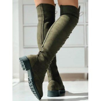 Solid Color Lace Up Over The Knee Boots 