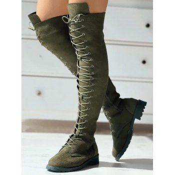 Solid Color Lace Up Over The Knee Boots 