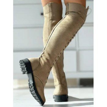Solid Color Lace Up Over The Knee Boots 
