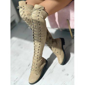 Solid Color Lace Up Over The Knee Boots 