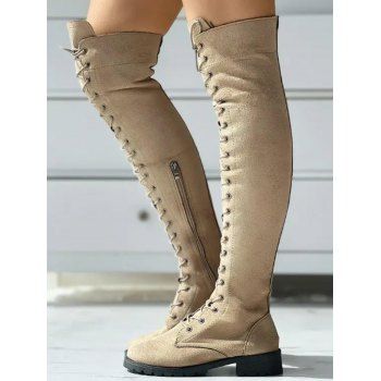 Solid Color Lace Up Over The Knee Boots 