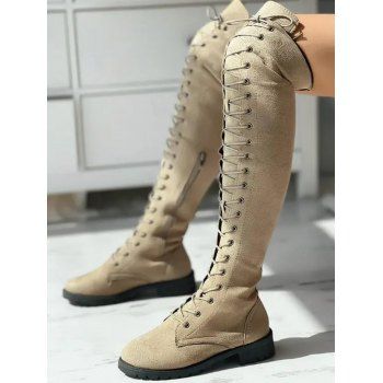 Solid Color Lace Up Over The Knee Boots 