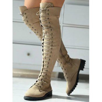 Solid Color Lace Up Over The Knee Boots 