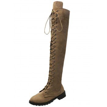 Solid Color Lace Up Over The Knee Boots