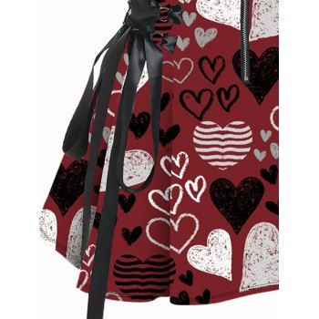 Valentine's Day Striped Heart Print Lace Up Mini Dress Half Zipper Buckle Strap A Line Dress