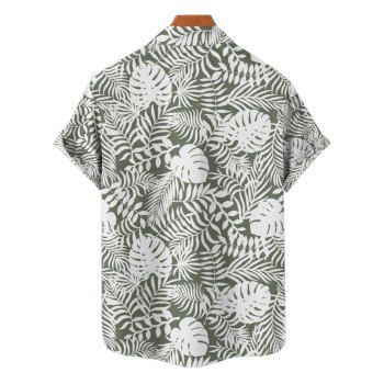 Allover Tropical Leaf Print V Neck Split Hem Vacation Dress And Short Sleeve Shirt Matching Outfit