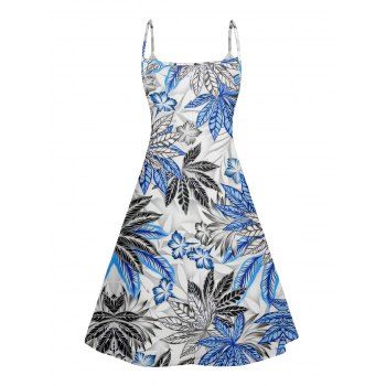 Plant Print V Neck High Waist Spaghetti Strap Dress Sleeveless Summer A Line Cami Dress 