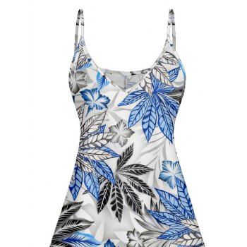 Plant Print V Neck High Waist Spaghetti Strap Dress Sleeveless Summer A Line Cami Dress 