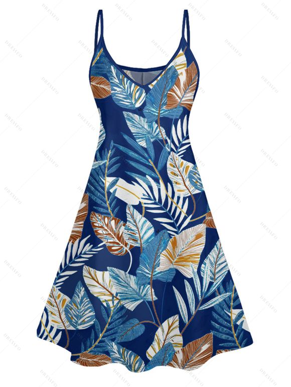 Mini Robe Ligne A Feuille Tropicale Imprimée à Bretelle Fine à Col V - Bleu profond XXXXXL | US 20