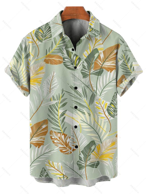 Chemise de Plage de Vacances Feuille Tropicale Imprimée Boutonnée Manches Courtes à Col Relevé - Vert clair S