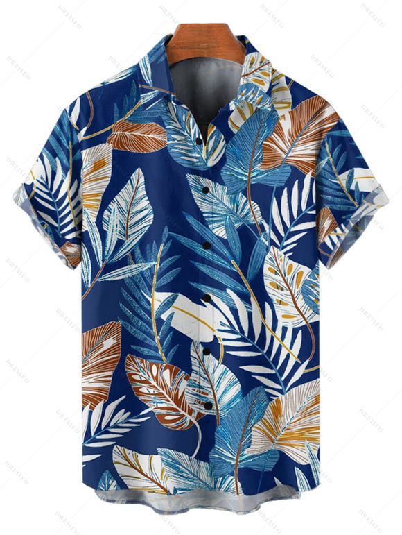 Chemise de Plage de Vacances Feuille Tropicale Imprimée Boutonnée Manches Courtes à Col Relevé - Bleu profond S