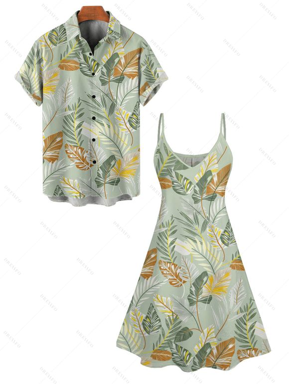 Vacation Tropical Leaf Print Spaghetti Strap Mini Dress And Short Sleeve Shirt Matching Outfit - Vert clair S | US 4