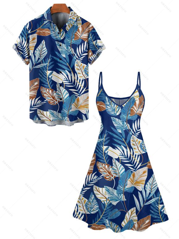 Vacation Tropical Leaf Print Spaghetti Strap Mini Dress And Short Sleeve Shirt Matching Outfit - Bleu profond S | US 4