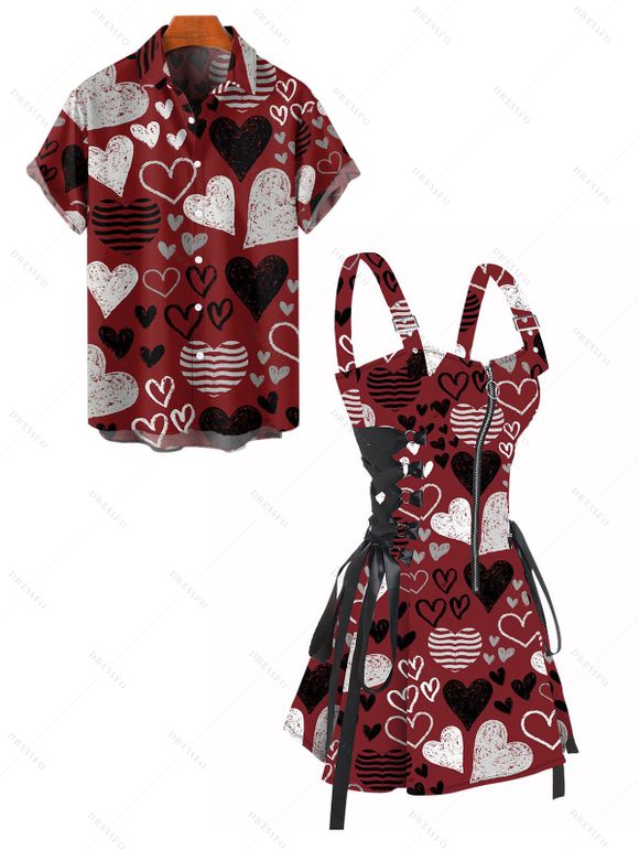 Valentine's Day Striped Heart Print Lace Up Mini Dress And Short Sleeve Shirt Matching Outfit - Rouge foncé S | US 4