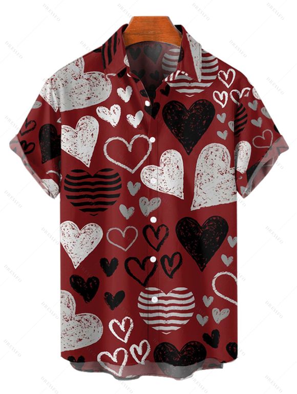 Valentine's Day Striped Heart Print Lace Up Mini Dress And Short Sleeve Shirt Matching Outfit - Rouge foncé S | US 4