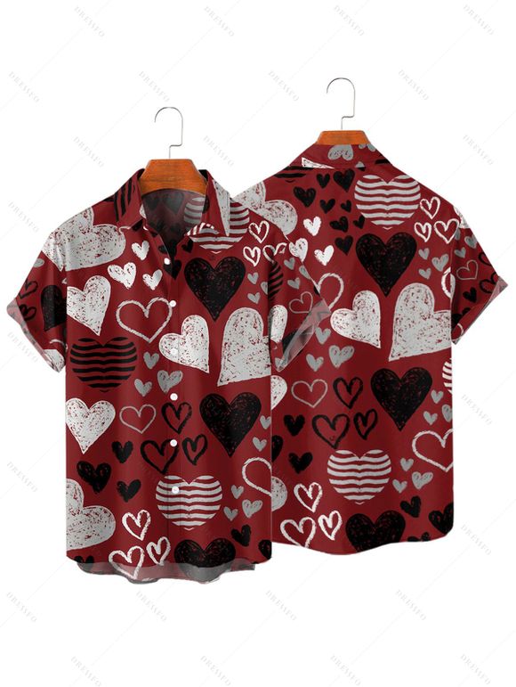 Valentine's Day Striped Heart Print Lace Up Mini Dress And Short Sleeve Shirt Matching Outfit - Rouge foncé S | US 4