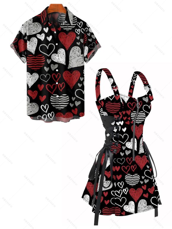 Valentine's Day Striped Heart Print Lace Up Mini Dress And Short Sleeve Shirt Matching Outfit - Noir S | US 4