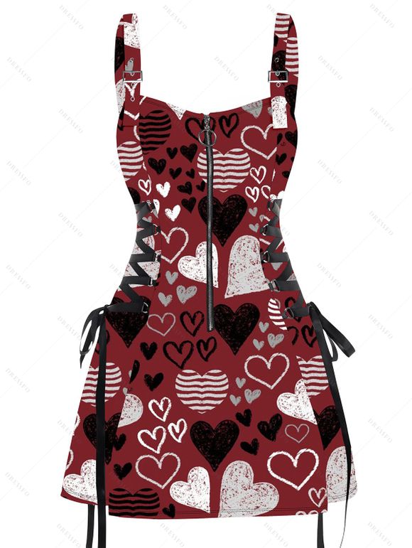 Mini Robe Ligne A Rayée Cœur Imprimé à Bretelle Bouclée Saint-Valentin - Rouge foncé L | US 8-10