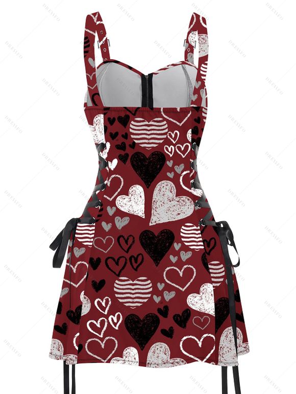 Mini Robe Ligne A Rayée Cœur Imprimé à Bretelle Bouclée Saint-Valentin - Rouge foncé L | US 8-10