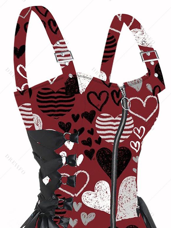 Mini Robe Ligne A Rayée Cœur Imprimé à Bretelle Bouclée Saint-Valentin - Rouge foncé L | US 8-10