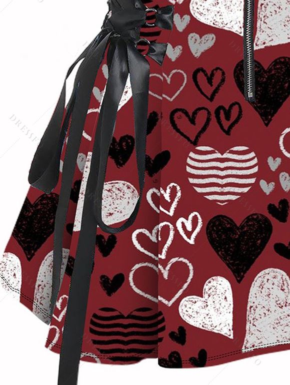 Mini Robe Ligne A Rayée Cœur Imprimé à Bretelle Bouclée Saint-Valentin - Rouge foncé L | US 8-10