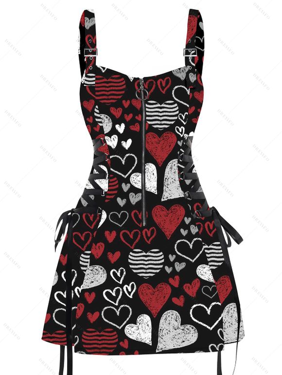 Mini Robe Ligne A Rayée Cœur Imprimé à Bretelle Bouclée Saint-Valentin - Noir M | US 6