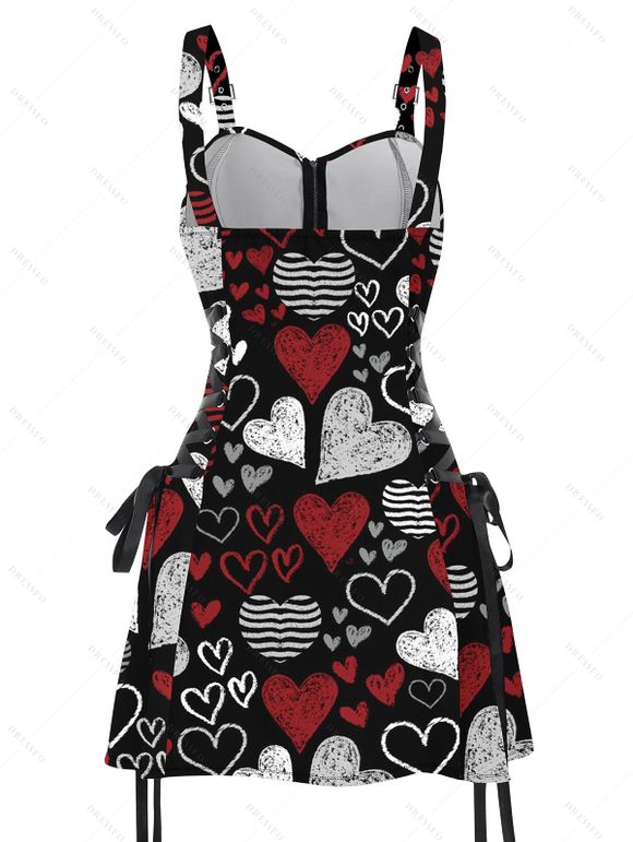 Mini Robe Ligne A Rayée Cœur Imprimé à Bretelle Bouclée Saint-Valentin - Noir M | US 6