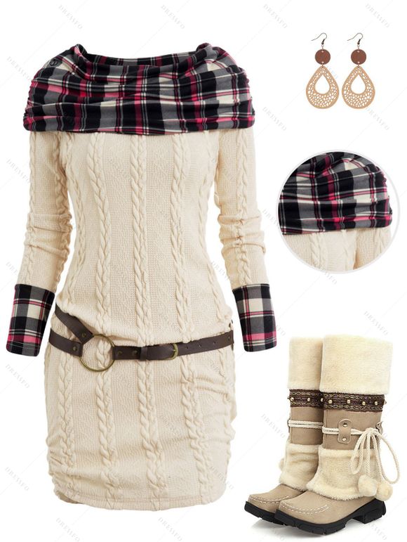 Plaid Foldover Cable Knit Ruched Belted Mini Sweater Dress And Ethnic Style Mid-calf Boots Hollow Out Drop Earrings Outfit - Beige S | US 4