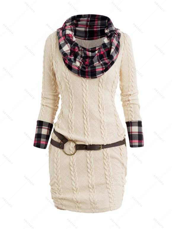 Plaid Foldover Cable Knit Ruched Belted Mini Sweater Dress And Ethnic Style Mid-calf Boots Hollow Out Drop Earrings Outfit - Beige S | US 4
