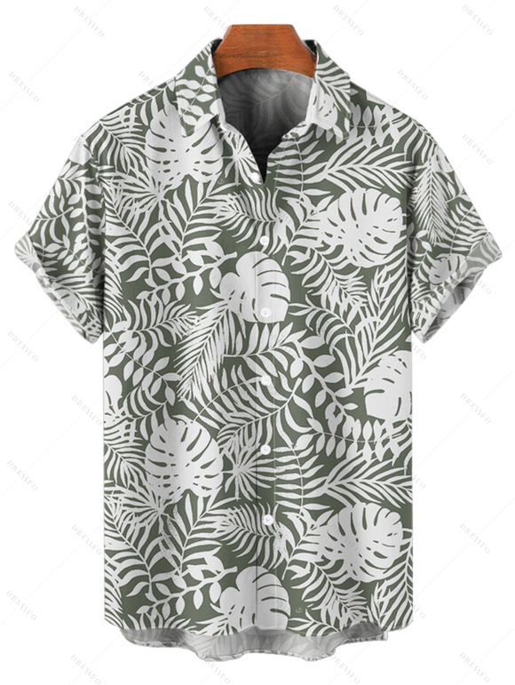 Chemise de Vacances Boutonnée Feuille Tropicale Imprimée Partout à Manches Courtes - Vert clair 5XL