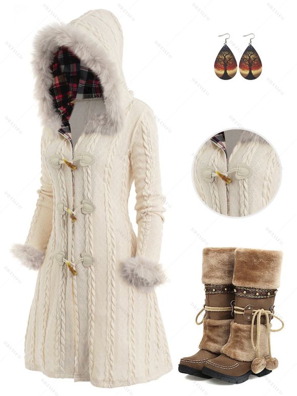 Cable Knit Plaid Horn Button Faux Fur Hooded Coat And Warm Ethnic High Boots Teardrop Earrings Outfit - Beige S | US 4