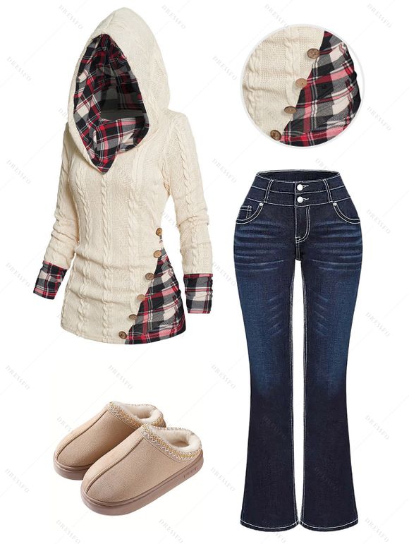 Twisted Cable Knit Plaid Print Ruched Hooded Sweater And Leaf Embroidery Double Buttons Jeans Fleece-Lining Slippers Outfit - Beige S | US 4