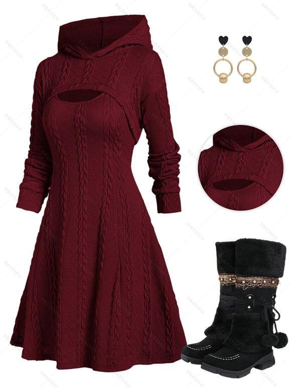 Hooded Cable Knit Arm Warmer Sweater Dress Set And Faux Fur Lining Mid-calf Boots Round Drop Earrings Outfit - Rouge foncé S | US 4