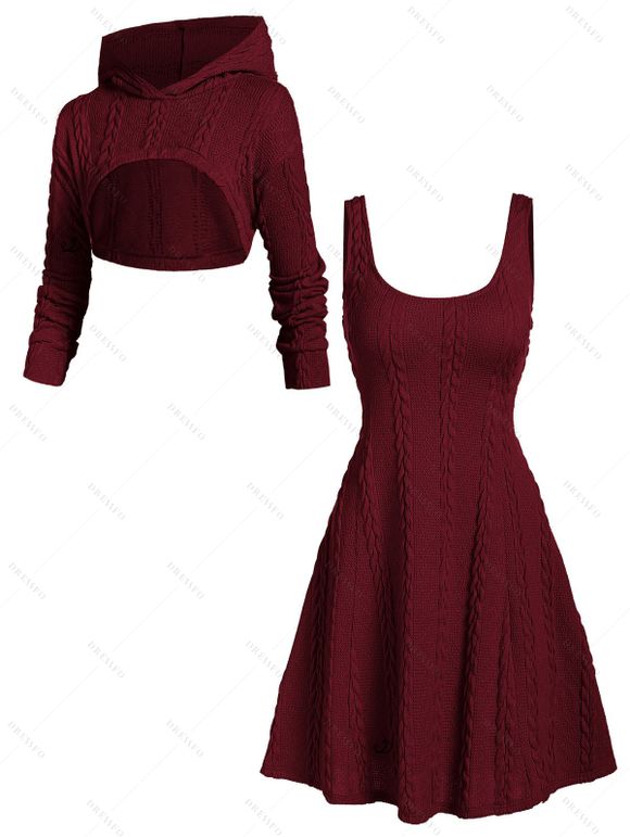 Hooded Cable Knit Arm Warmer Sweater Dress Set And Faux Fur Lining Mid-calf Boots Round Drop Earrings Outfit - Rouge foncé S | US 4