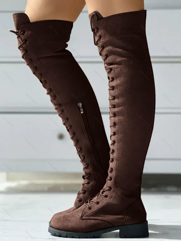 Solid Color Lace Up Over The Knee Boots - Café profond EU 42